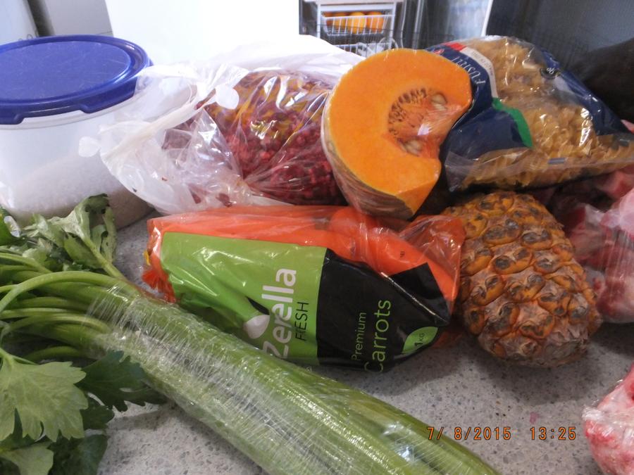Gathering together the fruit, veg and meat for the Chihuahua Stew.