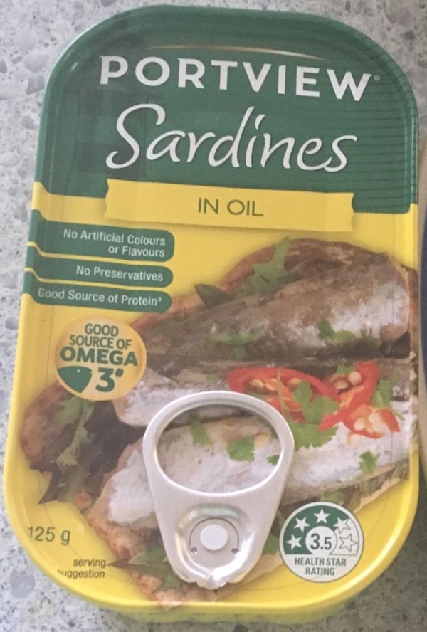 1 x 125 gram tin of sardines in oil. Portview Sardines in oil is the specific brand we use.